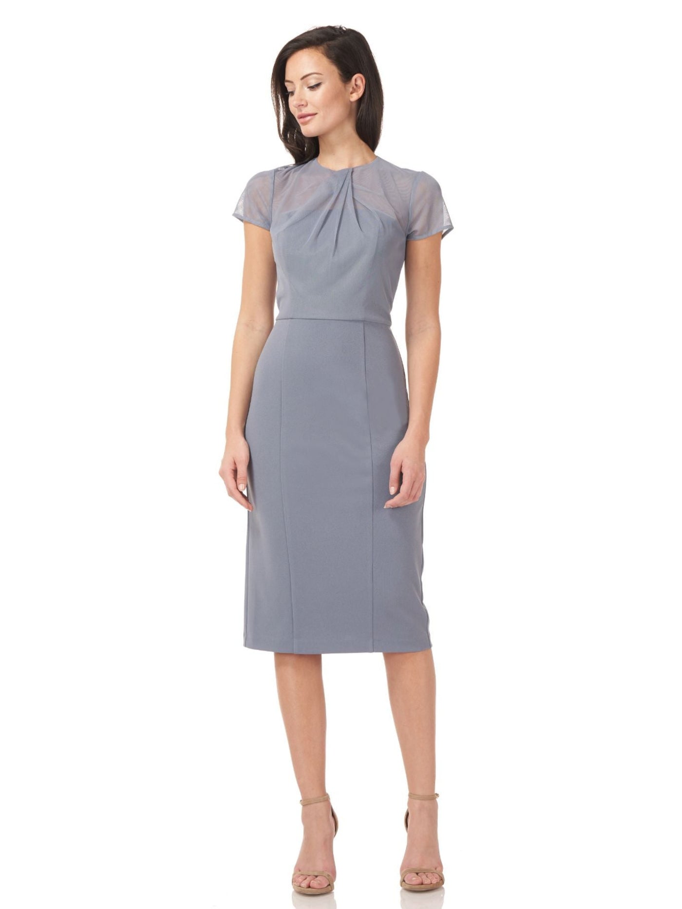JS COLLECTIONS Womens Gray Stretch Pleated Zippered Lined Short Sleeve Illusion Neckline Knee Length Evening Sheath Dress 12