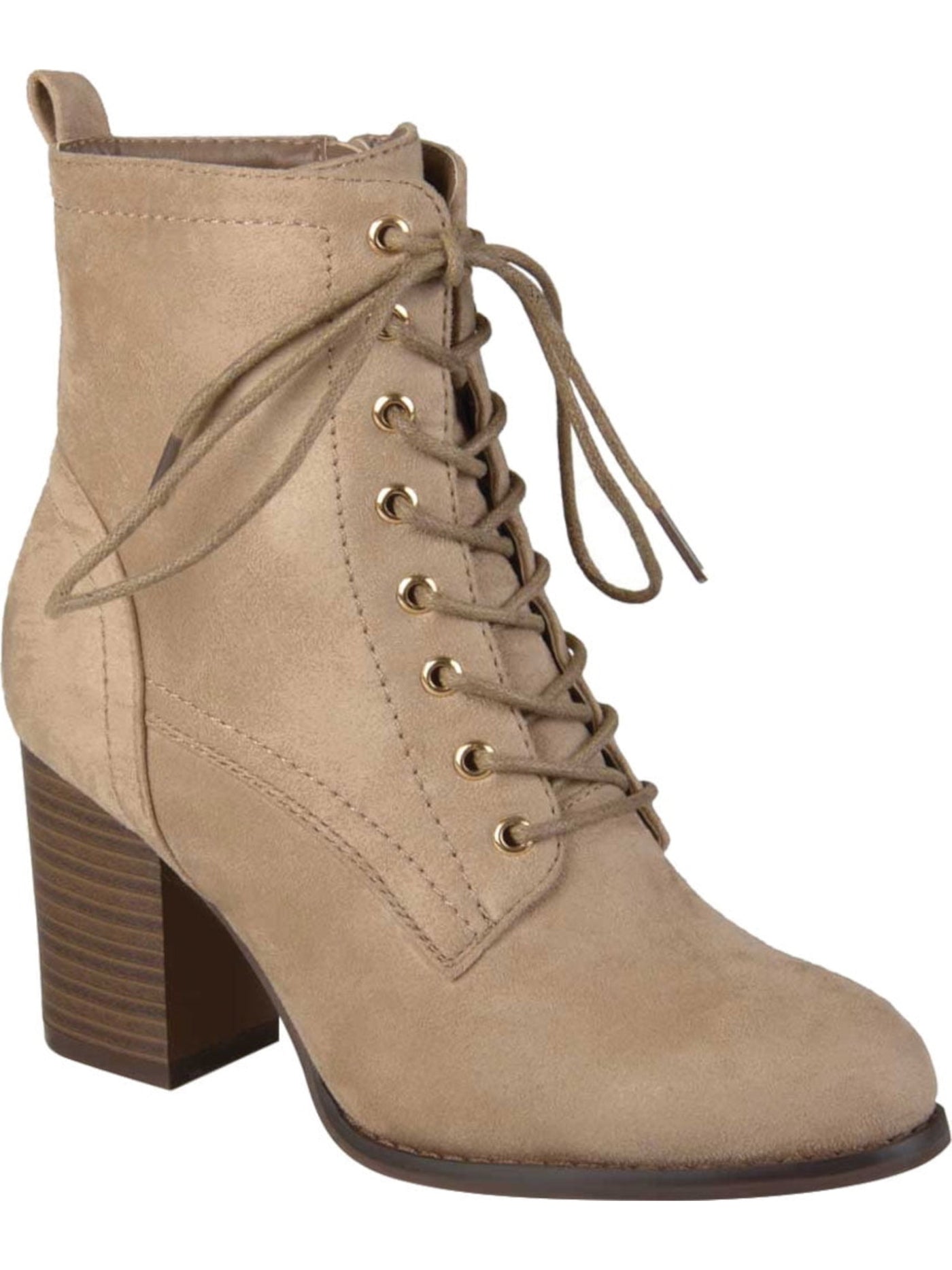 JOURNEE COLLECTION Womens Beige Side Zipper Padded Baylor Round Toe Stacked Heel Lace-Up Booties 7.5