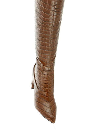 MARC FISHER Womens Brown Croc Padded Retie Pointed Toe Block Heel Zip-Up Leather Heeled Boots 5.5 M