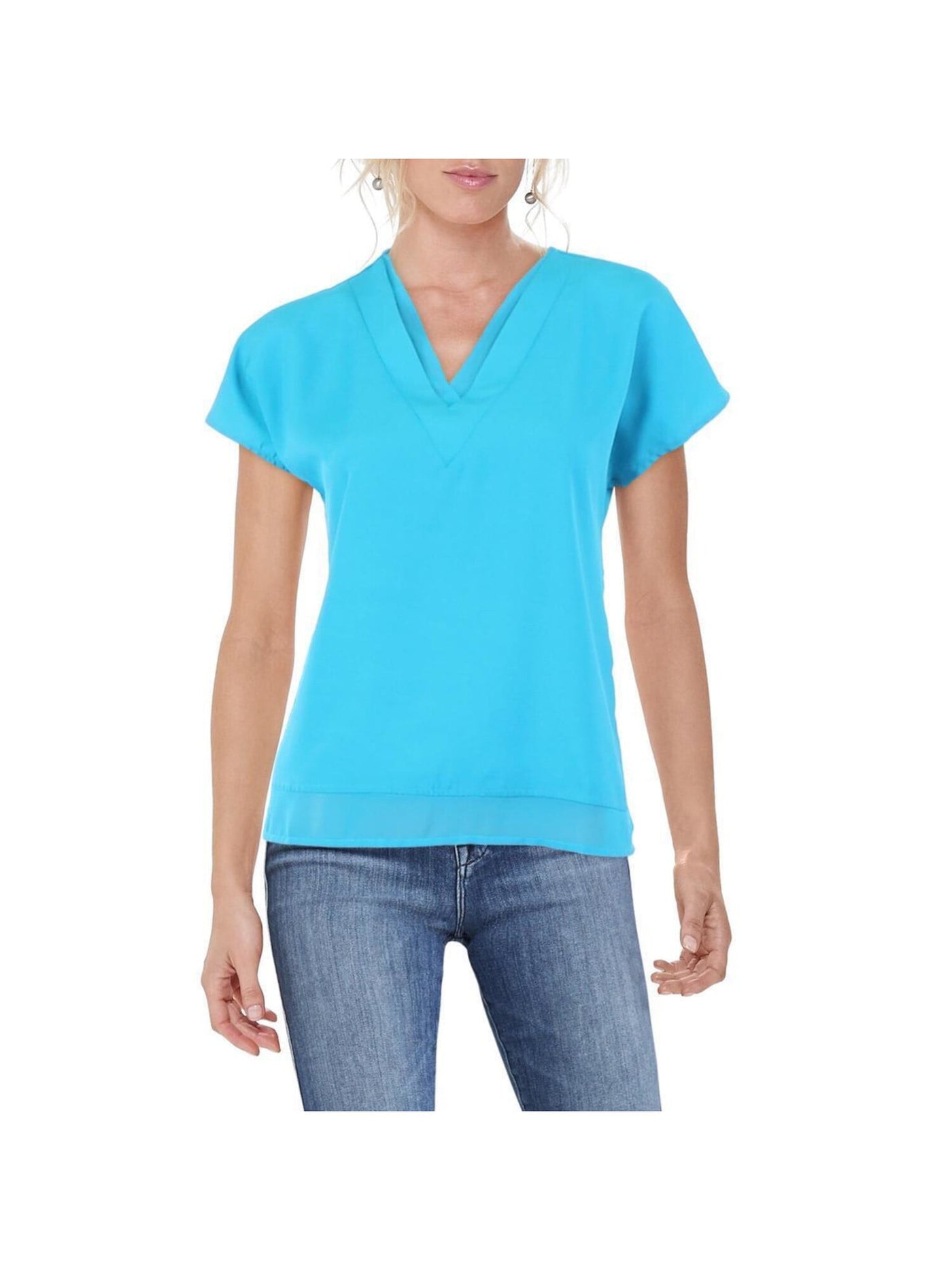 DKNY Womens Turquoise Textured Faux Layered Vented Hem Short Sleeve V Neck Wear To Work Top M
