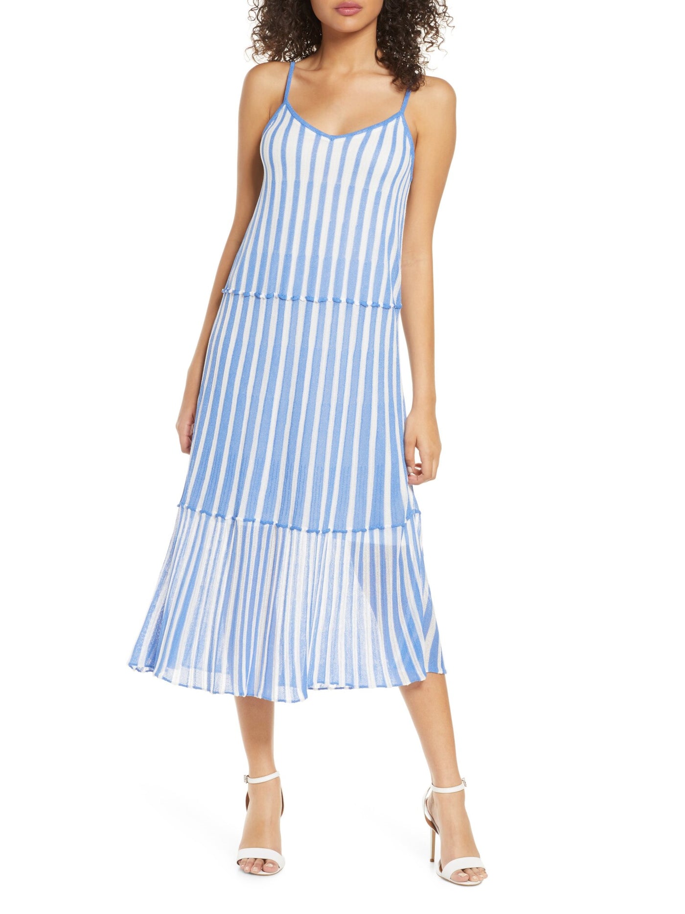 FOXIEDOX Womens Blue Stretch Textured Semi Sheer Tiered Lined Striped Spaghetti Strap V Neck Midi Shift Dress S