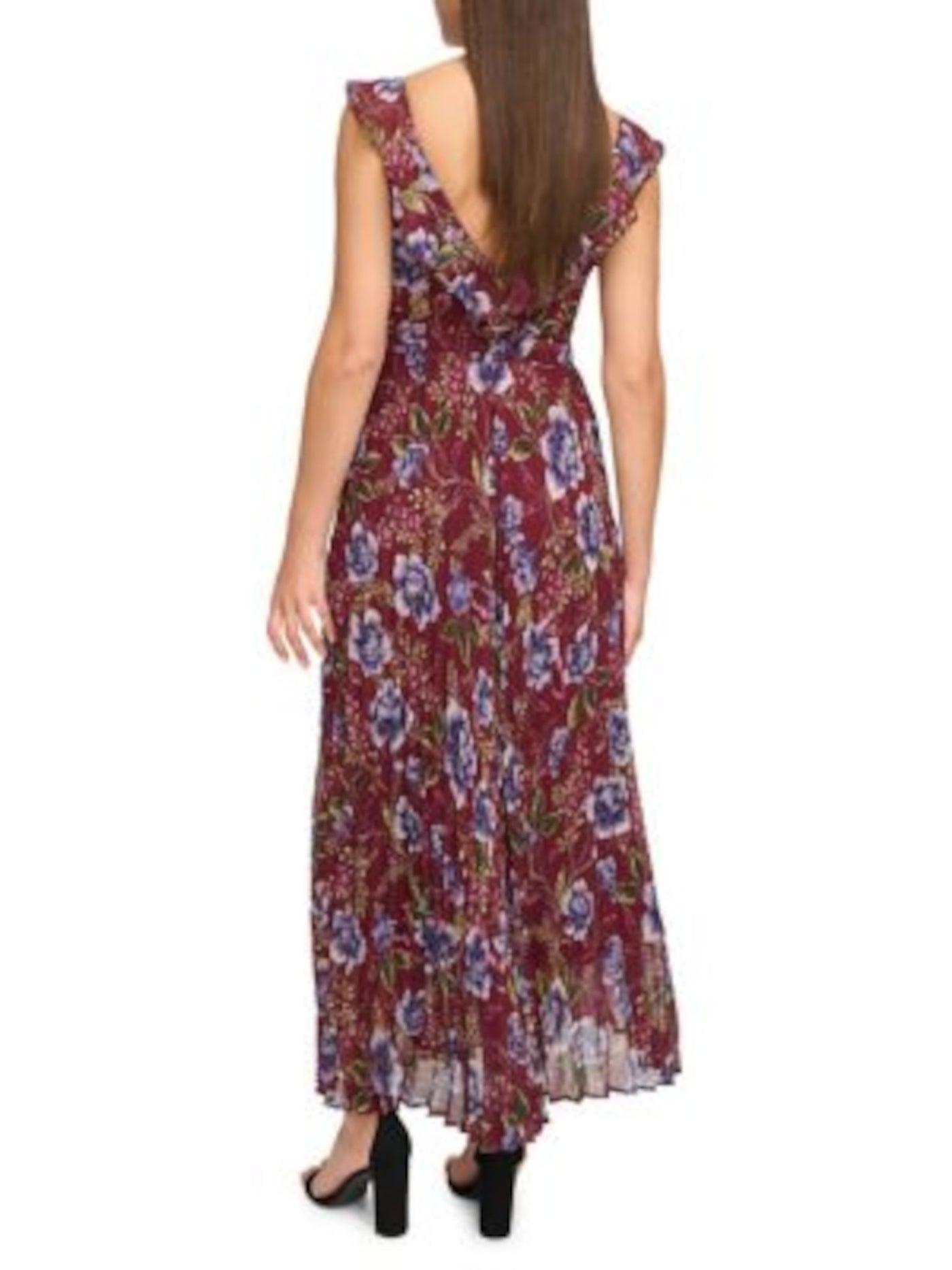 GUESS Womens Maroon Ruffled Zippered Banded Waist Pleated Skirt Lined Floral Sleeveless V Neck Maxi Party Fit + Flare Dress 2