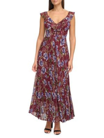 GUESS Womens Maroon Ruffled Zippered Banded Waist Pleated Skirt Lined Floral Sleeveless V Neck Maxi Party Fit + Flare Dress 2