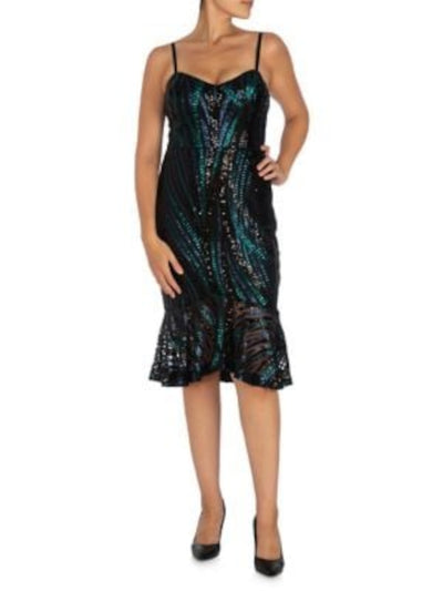 GUESS Womens Green Sequined Zippered Adjustable Straps Sleeveless V Neck Below The Knee Cocktail Mermaid Dress 12