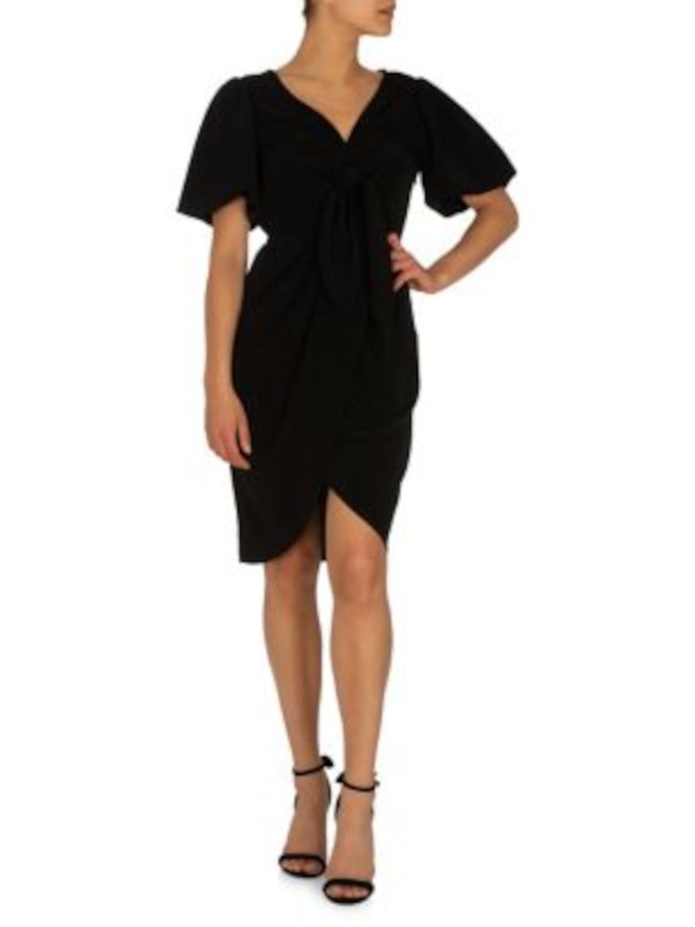 GUESS Womens Black Pleated Tie Front Pouf Sleeve V Neck Knee Length Cocktail Tulip Dress 4