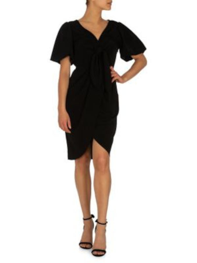 GUESS Womens Black Pleated Tie Front Pouf Sleeve V Neck Knee Length Cocktail Tulip Dress 4