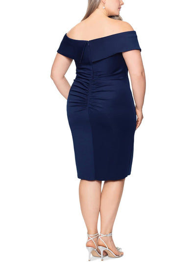 X BY XSCAPE Womens Navy Pleated Zippered Lined Short Sleeve Off Shoulder Below The Knee Evening Sheath Dress Plus 22W