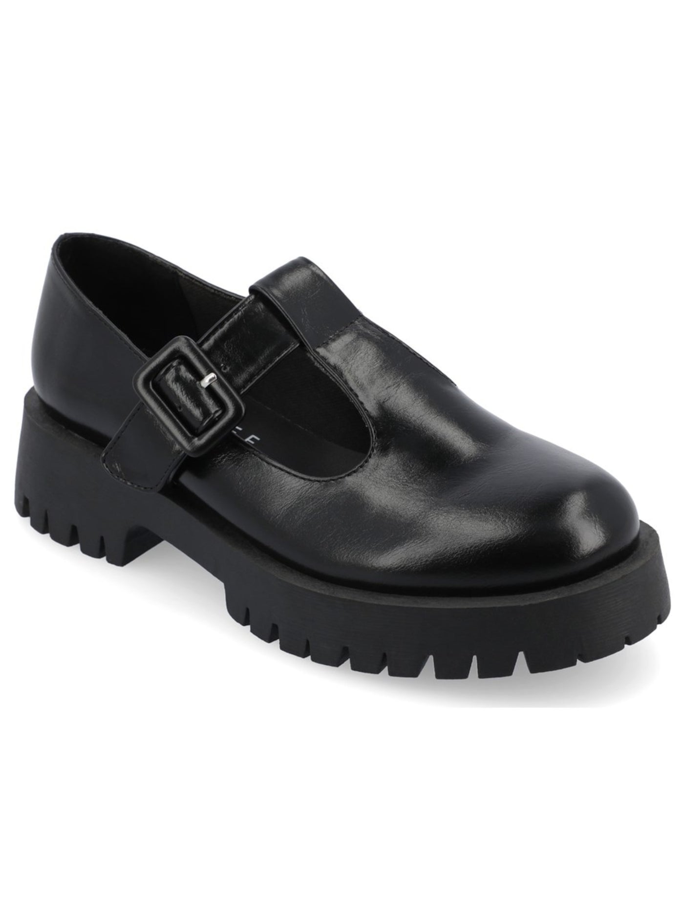 JOURNEE COLLECTION Womens Black Treaded T-Strap Lug Sole Suvi Round Toe Buckle Flats Shoes 7