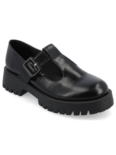 JOURNEE COLLECTION Womens Black Treaded T-Strap Lug Sole Suvi Round Toe Buckle Flats Shoes 7