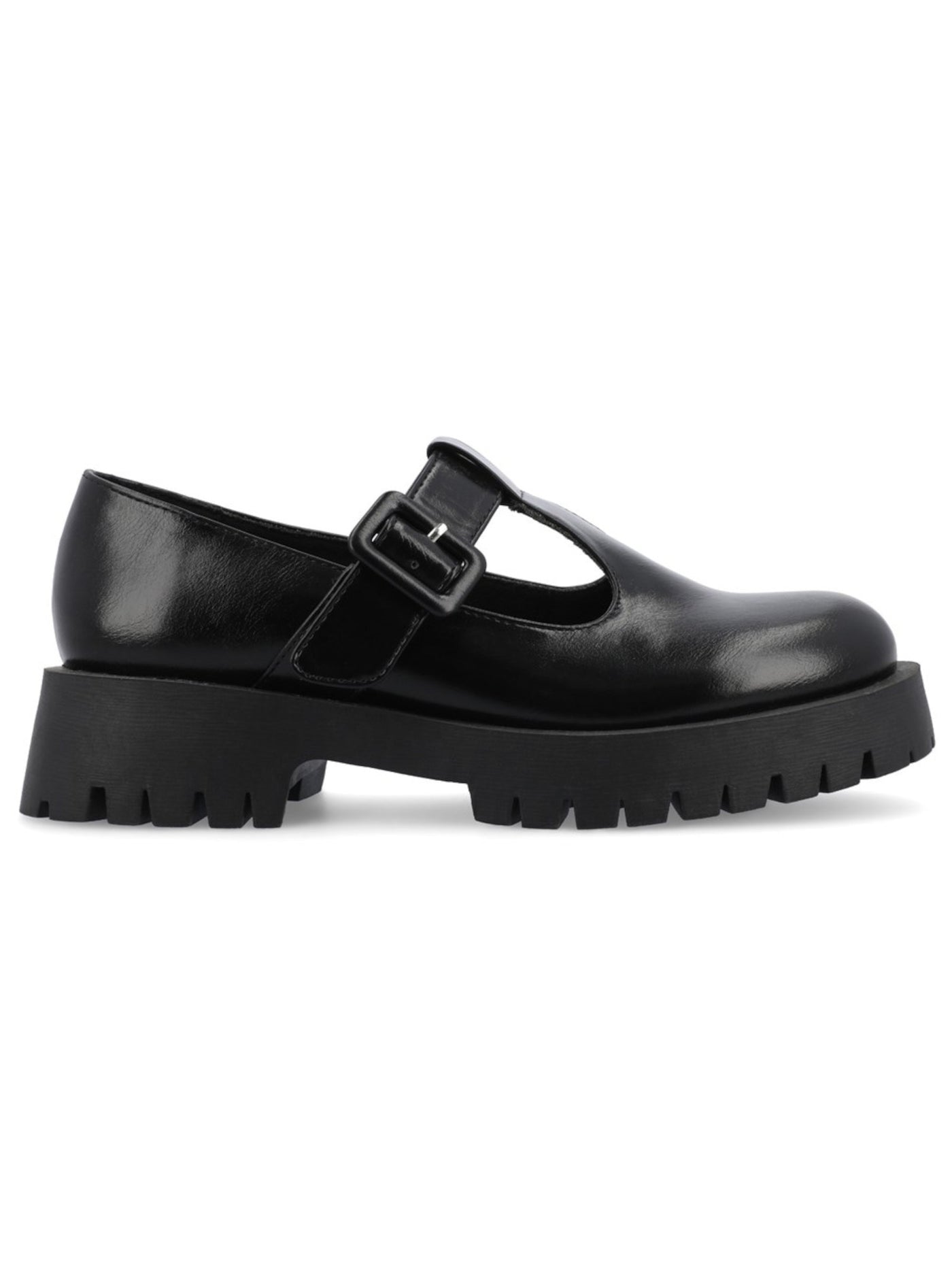 JOURNEE COLLECTION Womens Black Treaded T-Strap Lug Sole Suvi Round Toe Buckle Flats Shoes 7