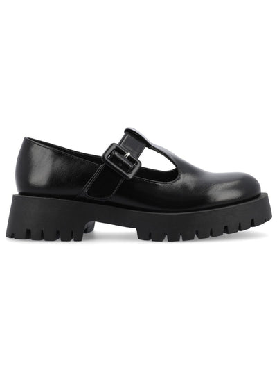 JOURNEE COLLECTION Womens Black Treaded T-Strap Lug Sole Suvi Round Toe Buckle Flats Shoes 7