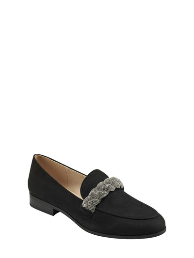 BANDOLINO Womens Black Rhinestone Braided Strap Accent Notched Padded The Larna Round Toe Slip On Dress Loafers Shoes 7.5 M