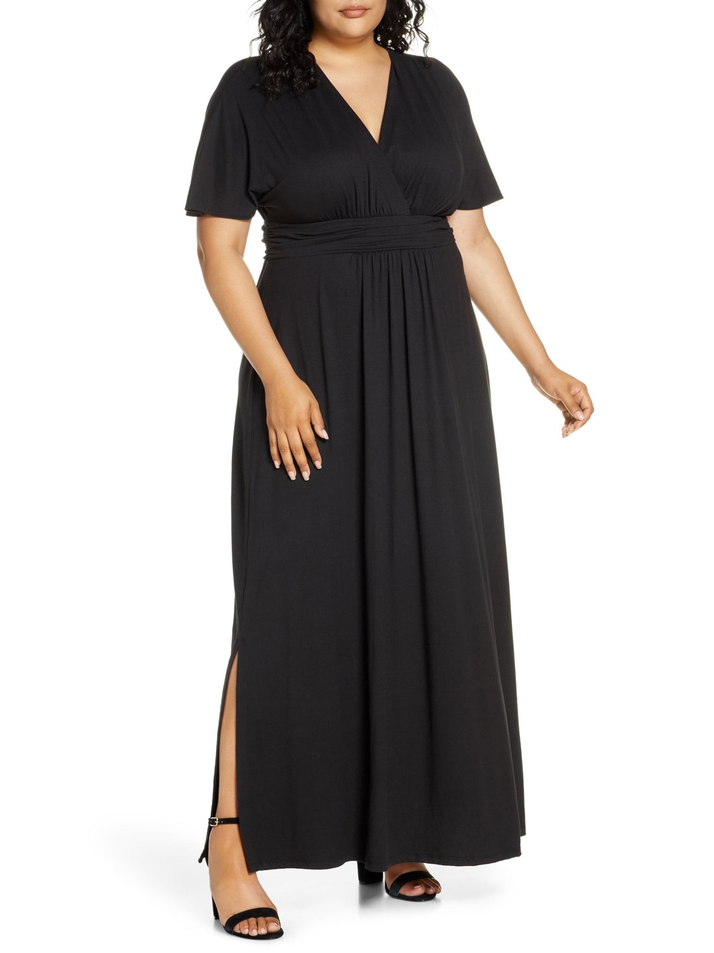 KIYONNA Womens Black Stretch Gathered Slitted Dolman Sleeve Surplice Neckline Maxi Wear To Work Empire Waist Dress Plus 0X