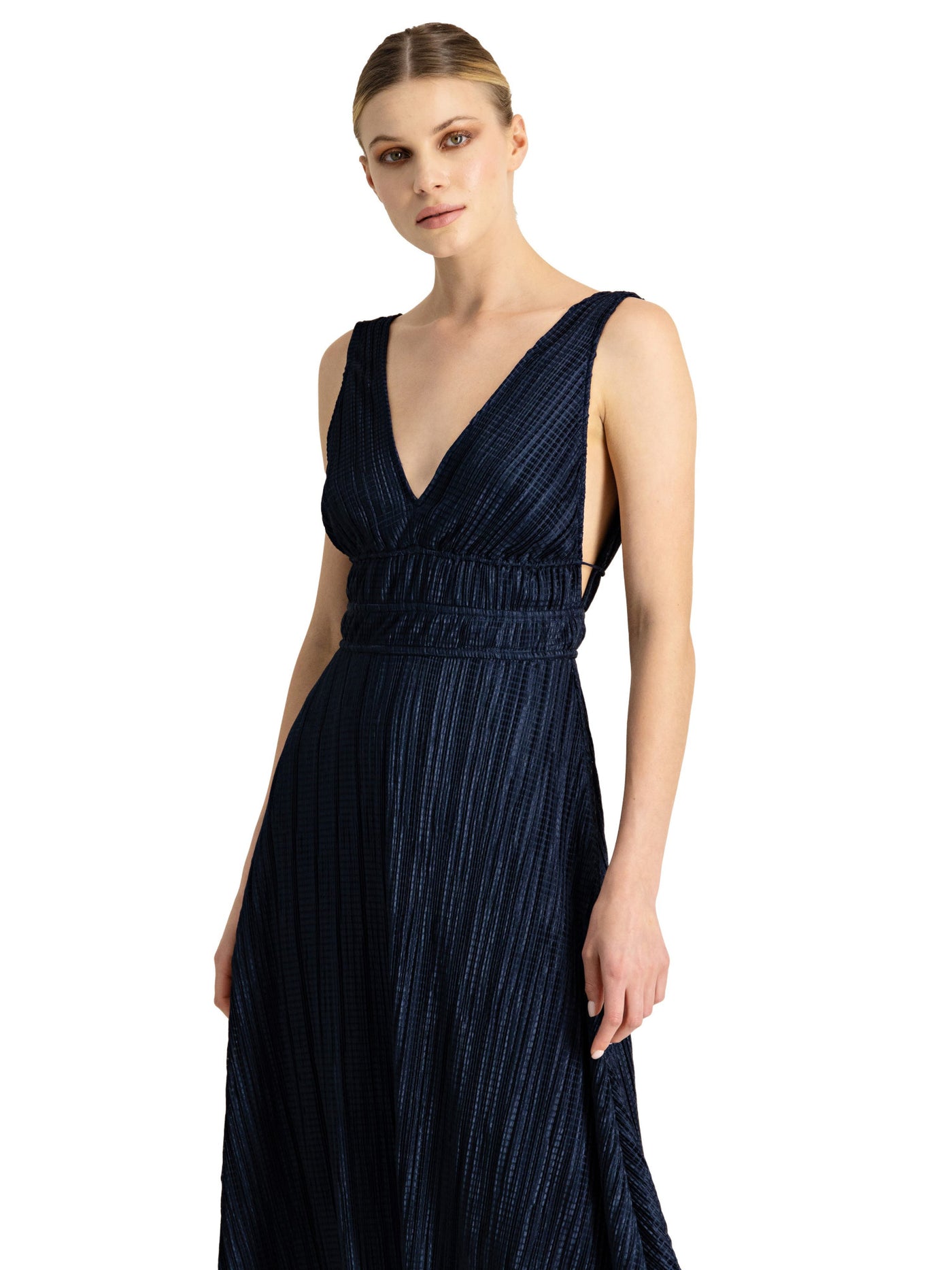 ML MONIQUE LHUILLIER Womens Navy Textured Zippered Tie V-back Lined Sleeveless V Neck Midi Cocktail Fit + Flare Dress 10