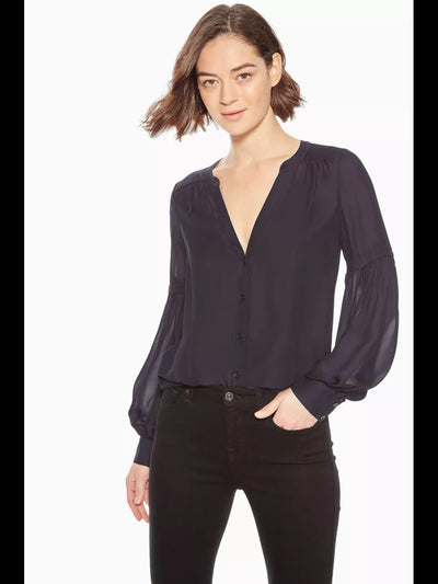 PARKER Womens Navy Sheer Long Sleeve V Neck Wear To Work Blouse M