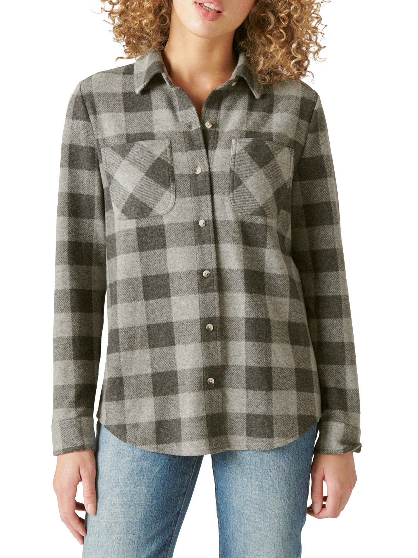 LUCKY BRAND Womens Gray Pocketed Pleated Boyfriend Curved Hem Plaid Cuffed Sleeve Collared Button Up Top M