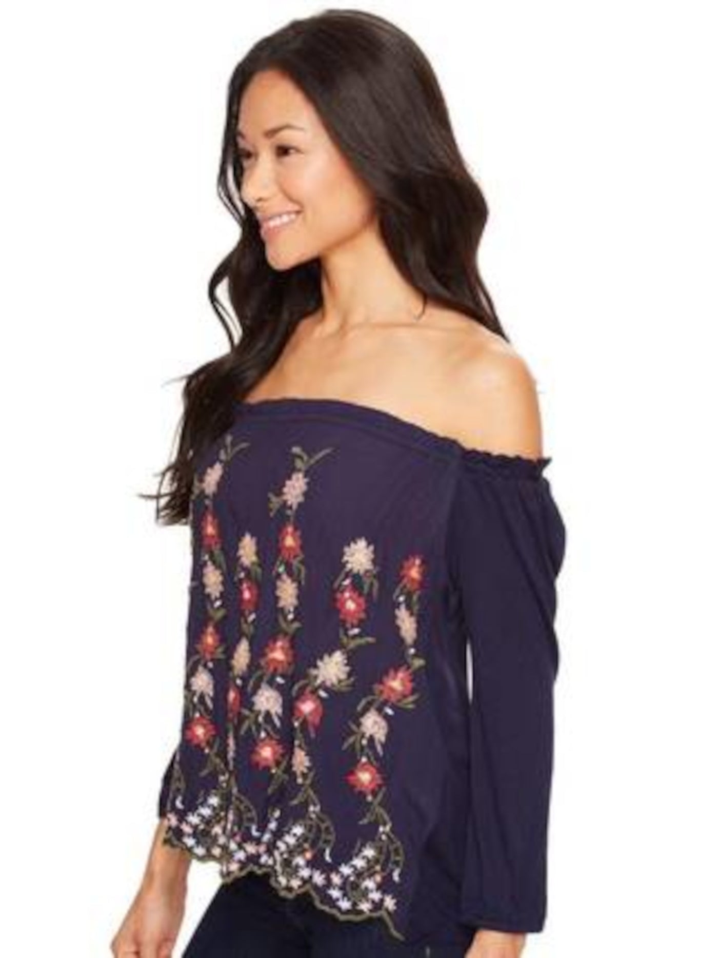 LUCKY BRAND Womens Navy Embroidered Scalloped Pullover Sheer Ruffled Floral Long Sleeve Off Shoulder Top L