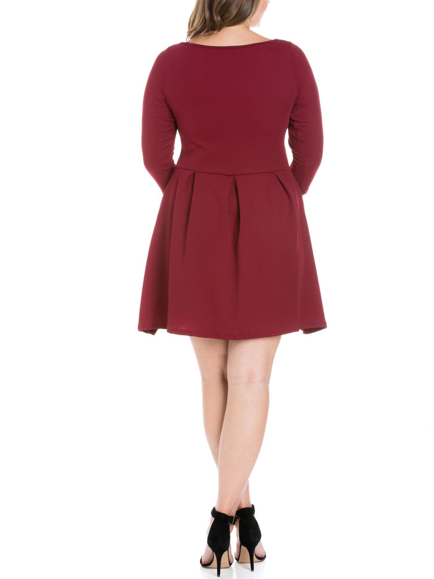 24/7 COMFORT Womens Burgundy Pocketed Pleated Pullover 3/4 Sleeve Boat Neck Above The Knee Fit + Flare Dress Plus 1X