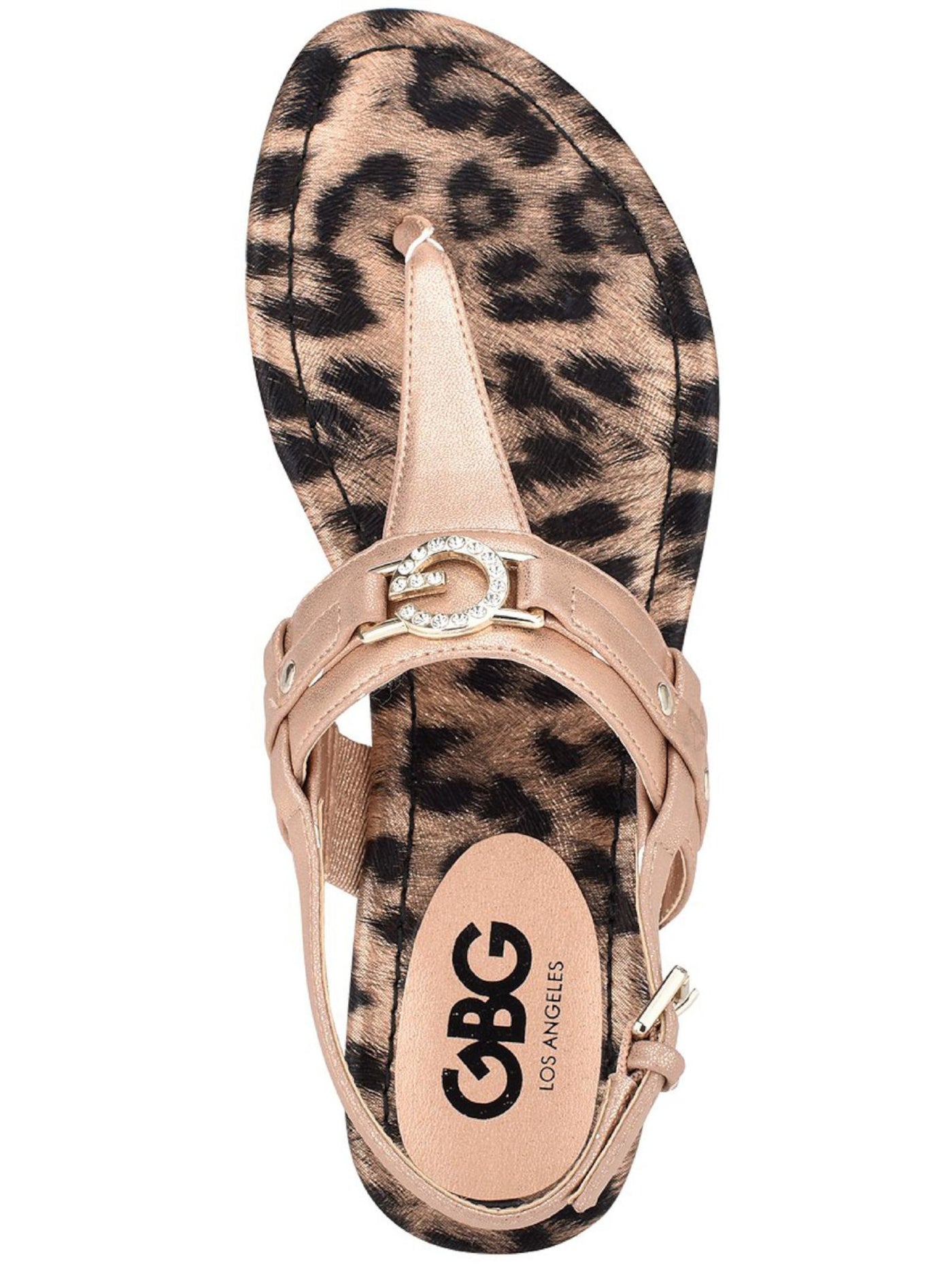 GBG LOS ANGELES Womens Gold Leopard Print Metallic Padded Logo Leedia Round Toe Buckle Thong Sandals Shoes 11 M