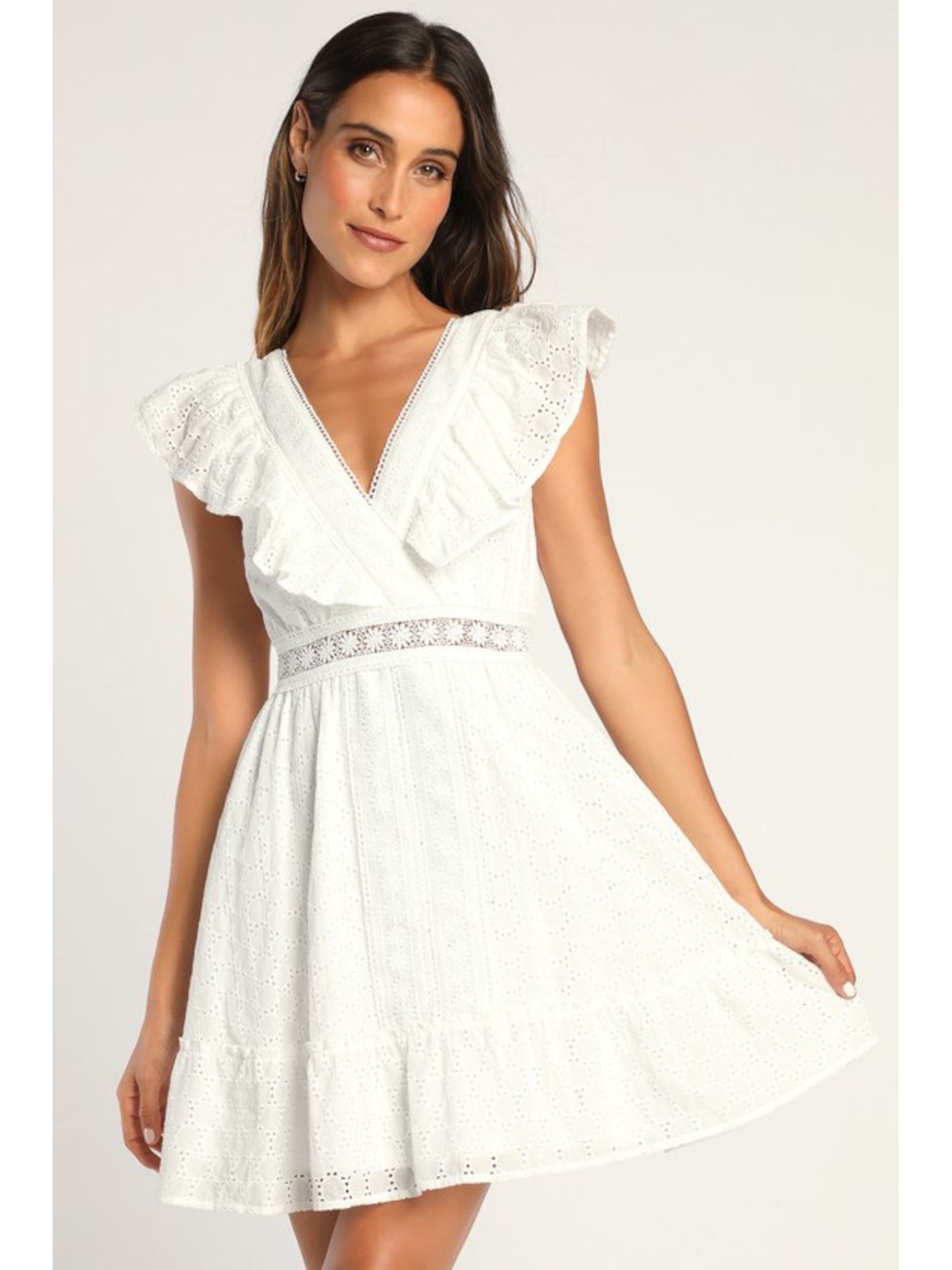 CITY STUDIO Womens White Sheer Ruffled Crochet-trim Flutter Sleeve Surplice Neckline Short Fit + Flare Dress Juniors M