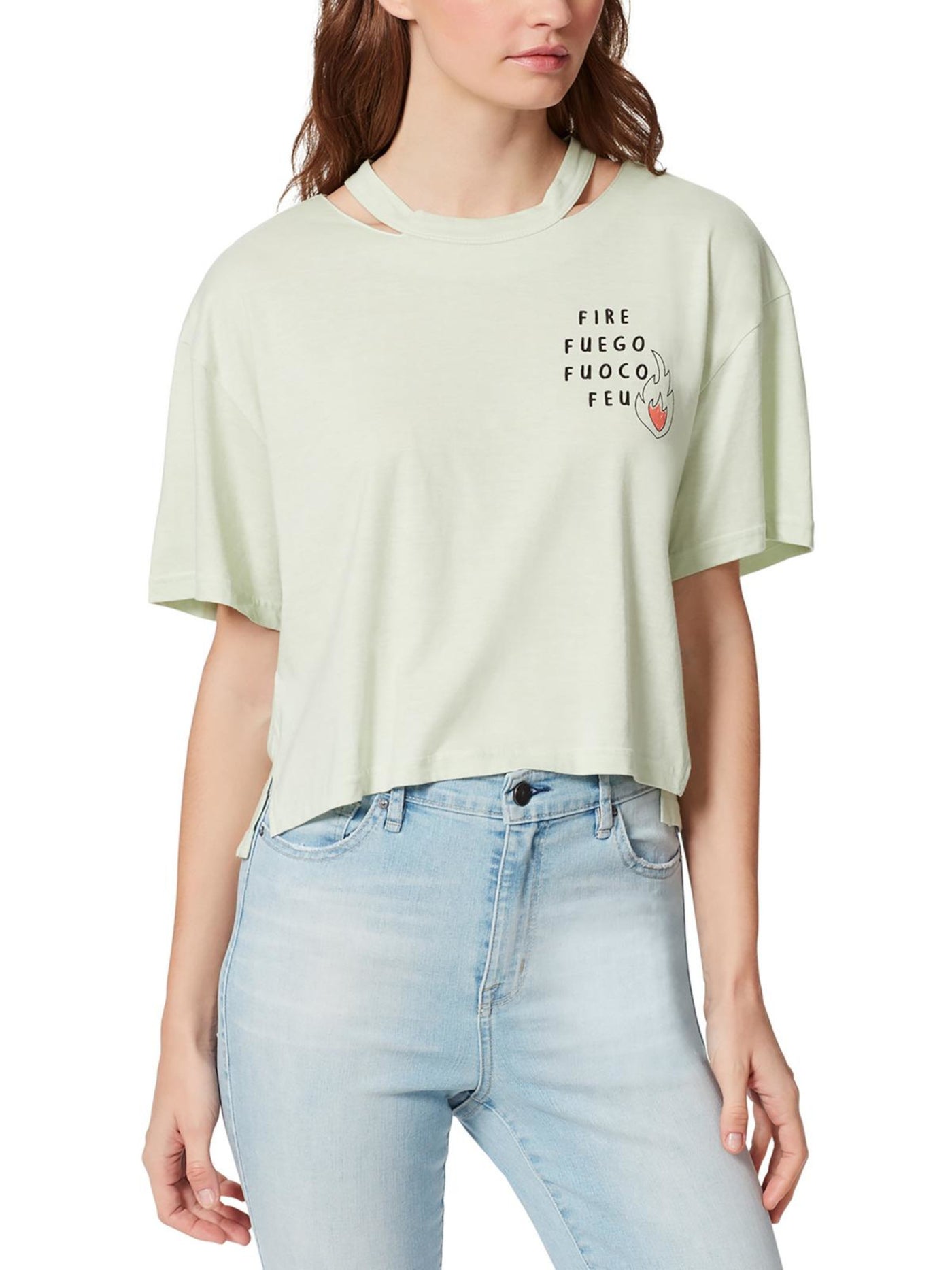 FRAYED JEANS Womens Green Cut Out Slit High-low Hem Graphic Short Sleeve Crew Neck T-Shirt XL