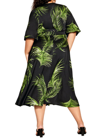 CITY CHIC Womens Black Printed Elbow Sleeve V Neck Midi Fit + Flare Dress Plus XS\14