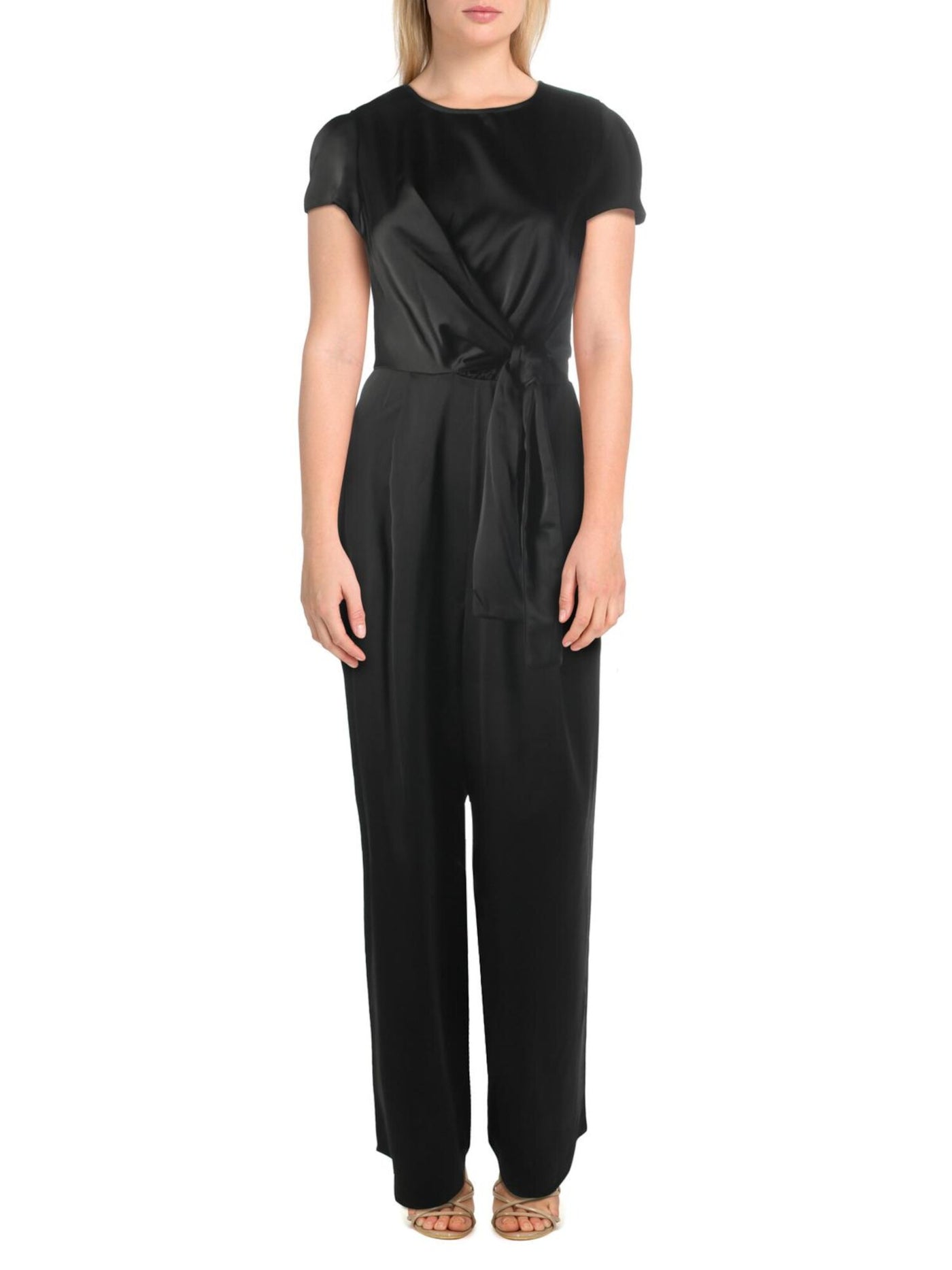 LISA  + LUCY Womens Black Ruched Tie Satin Short Sleeve Crew Neck Wear To Work Straight leg Jumpsuit S
