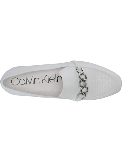CALVIN KLEIN Womens White Reptile Embossed Chunky Chain Hardware Padded Banda Round Toe Wedge Slip On Loafers Shoes 6.5