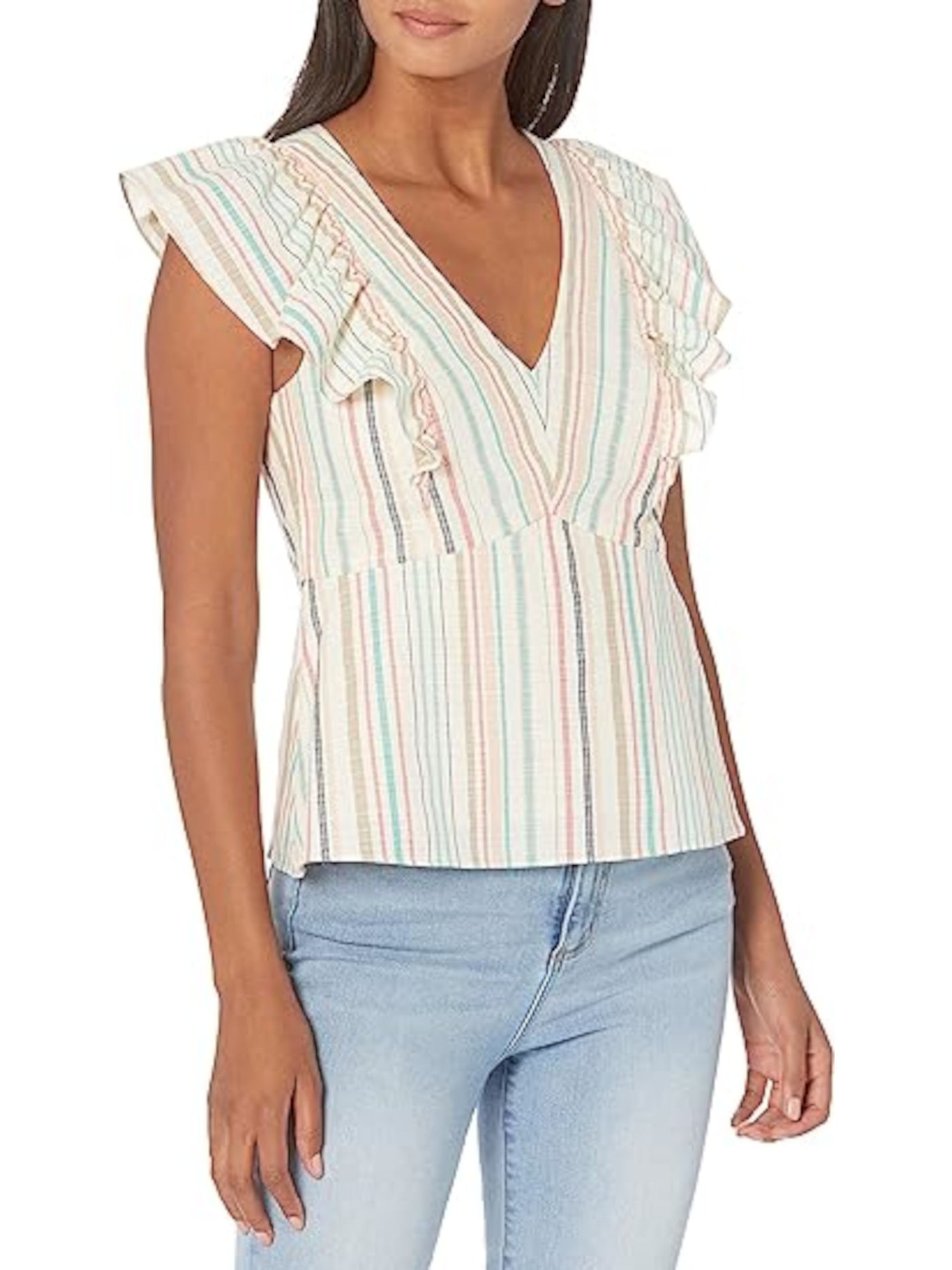 PARKER Womens Beige Ruffled Lined Zippered Pullover Striped Cap Sleeve V Neck Top S