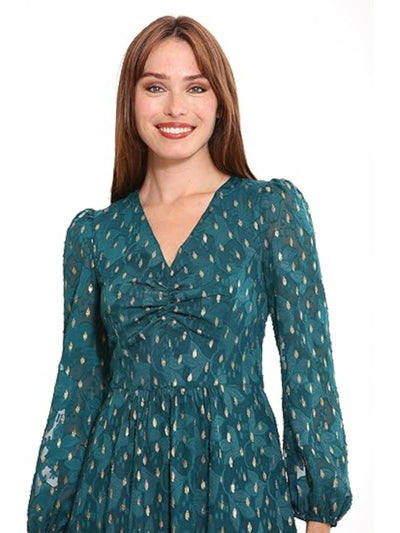 LONDON TIMES PETITES Womens Teal Ruched Zippered Ruffled Hem Lined Long Sleeve V Neck Above The Knee Wear To Work Fit + Flare Dress Petites 4P