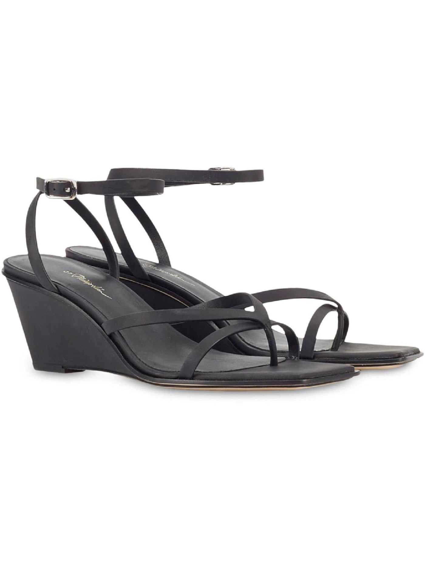 3.1 PHILLIP LIM Womens Black Goring Strappy Ankle Strap Adjustable Laura Square Toe Wedge Buckle Leather Dress Thong Sandals Shoes 38