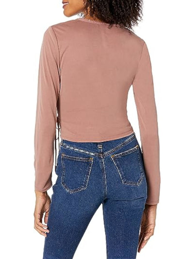 LUCKY BRAND Womens Pink Lace Ribbed Side Tie Snap Front Closure Long Sleeve Surplice Neckline Wrap Top L