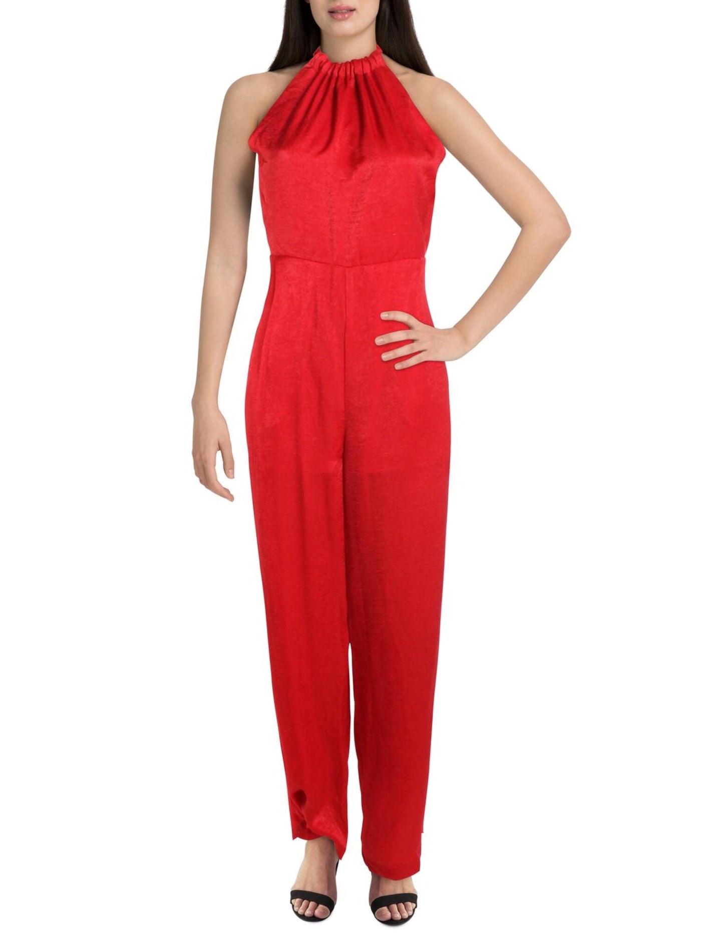 ENDLESS ROSE Womens Red Ruffled Pouf Off Shoulder Straight leg Jumpsuit S