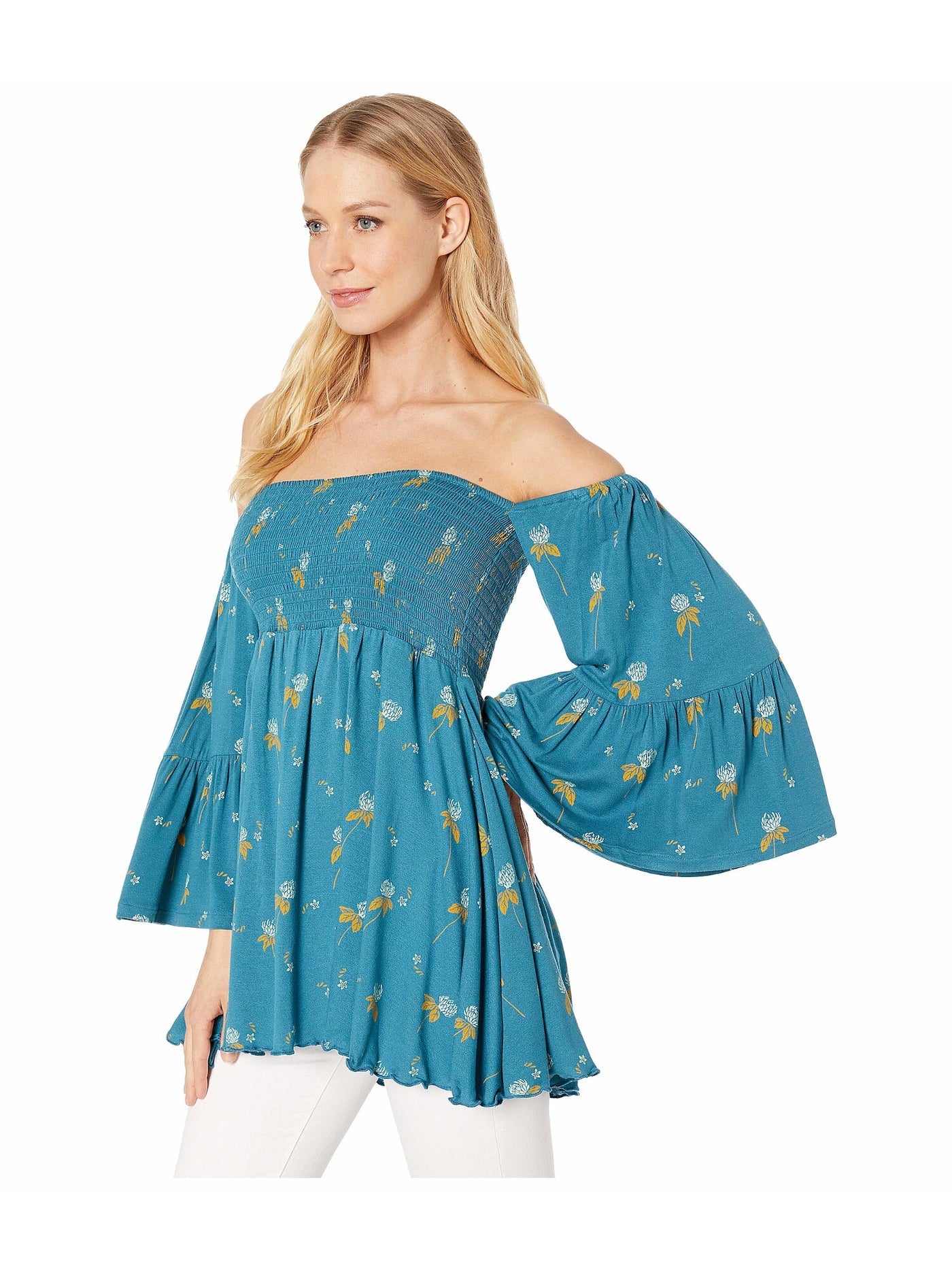 FREE PEOPLE Womens Teal Floral Long Sleeve Off Shoulder Tunic Top XS