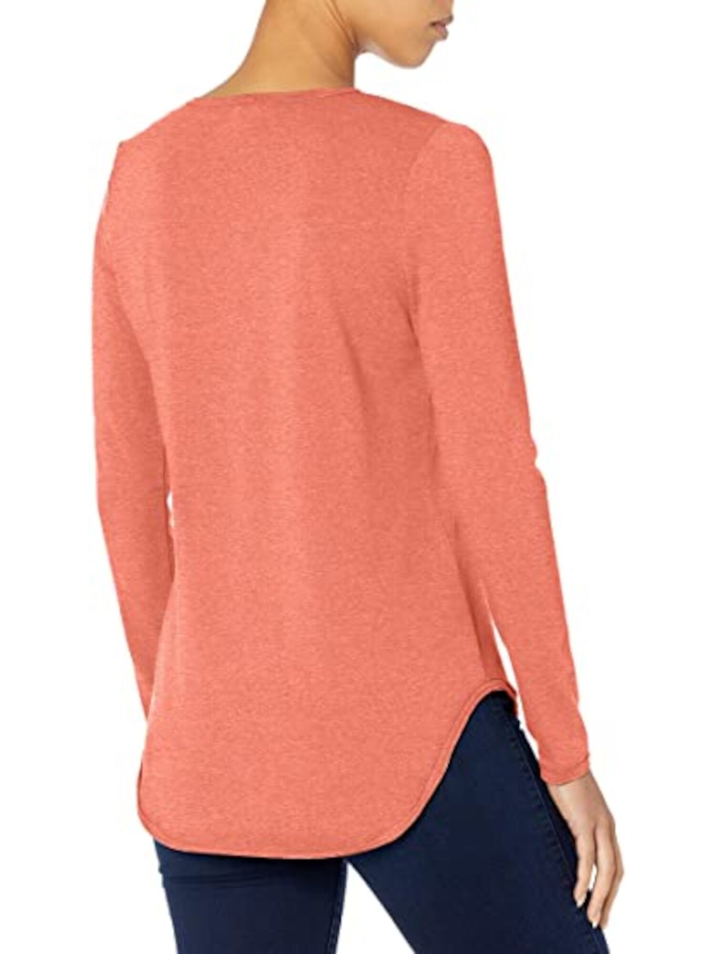 B NEW YORK Womens Orange Stretch Distressed Long Sleeve Scoop Neck T-Shirt S