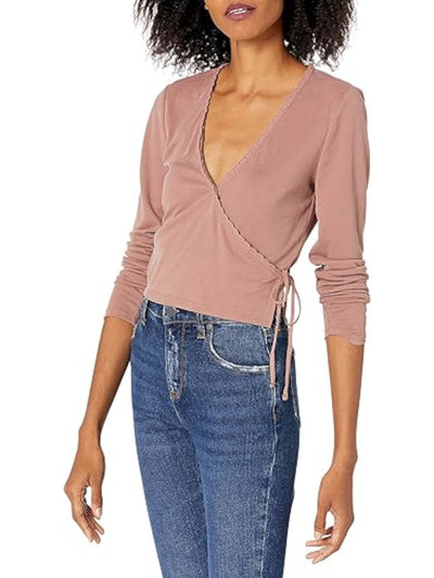 LUCKY BRAND Womens Pink Lace Ribbed Side Tie Snap Front Closure Long Sleeve Surplice Neckline Wrap Top L