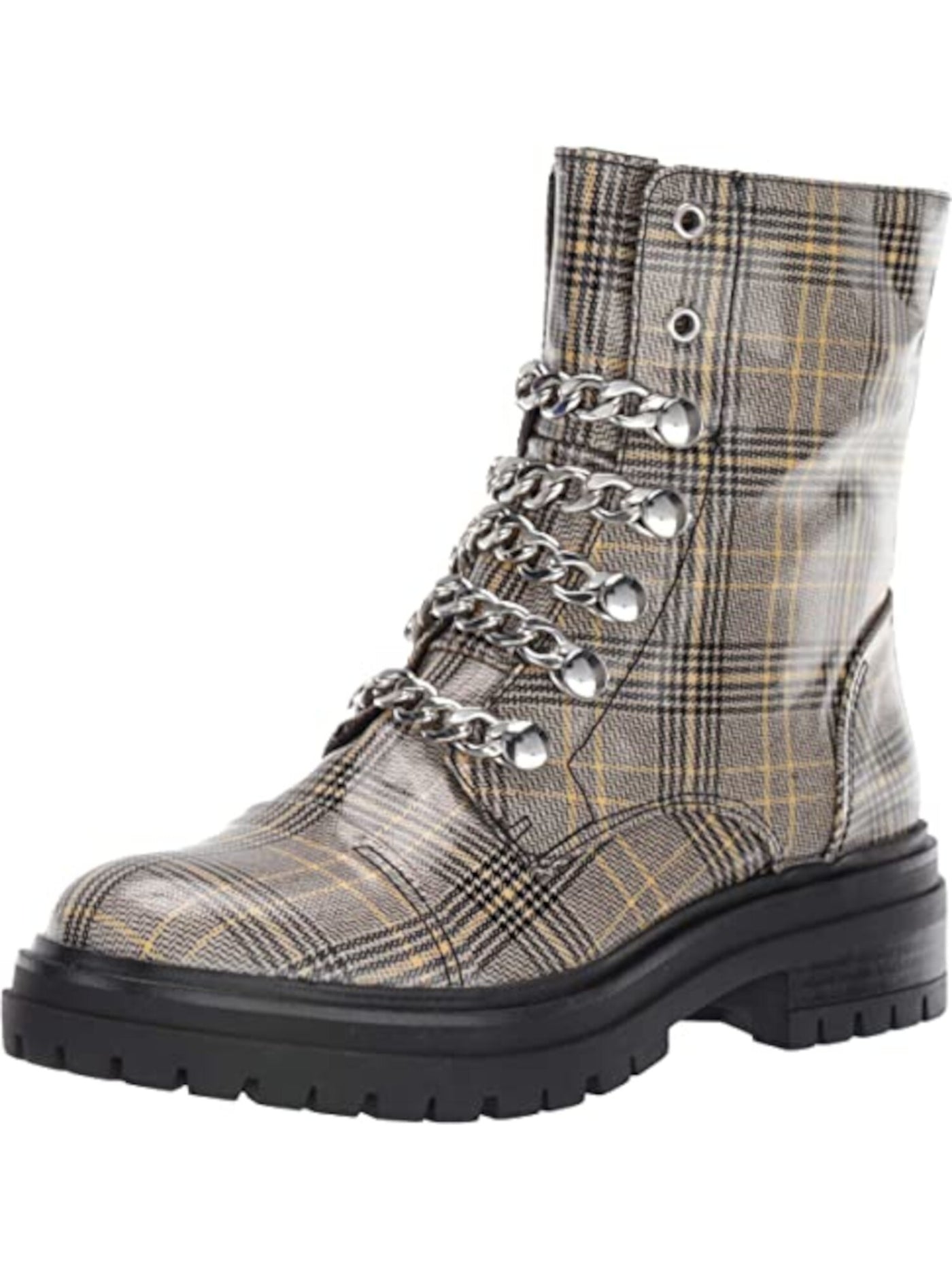 CIRCUS BY SAM EDELMAN Womens Gray Plaid Grommet Detailing Chain Lace 1" Platform Lug Sole Comfort Gili Round Toe Block Heel Zip-Up Combat Boots 6 M