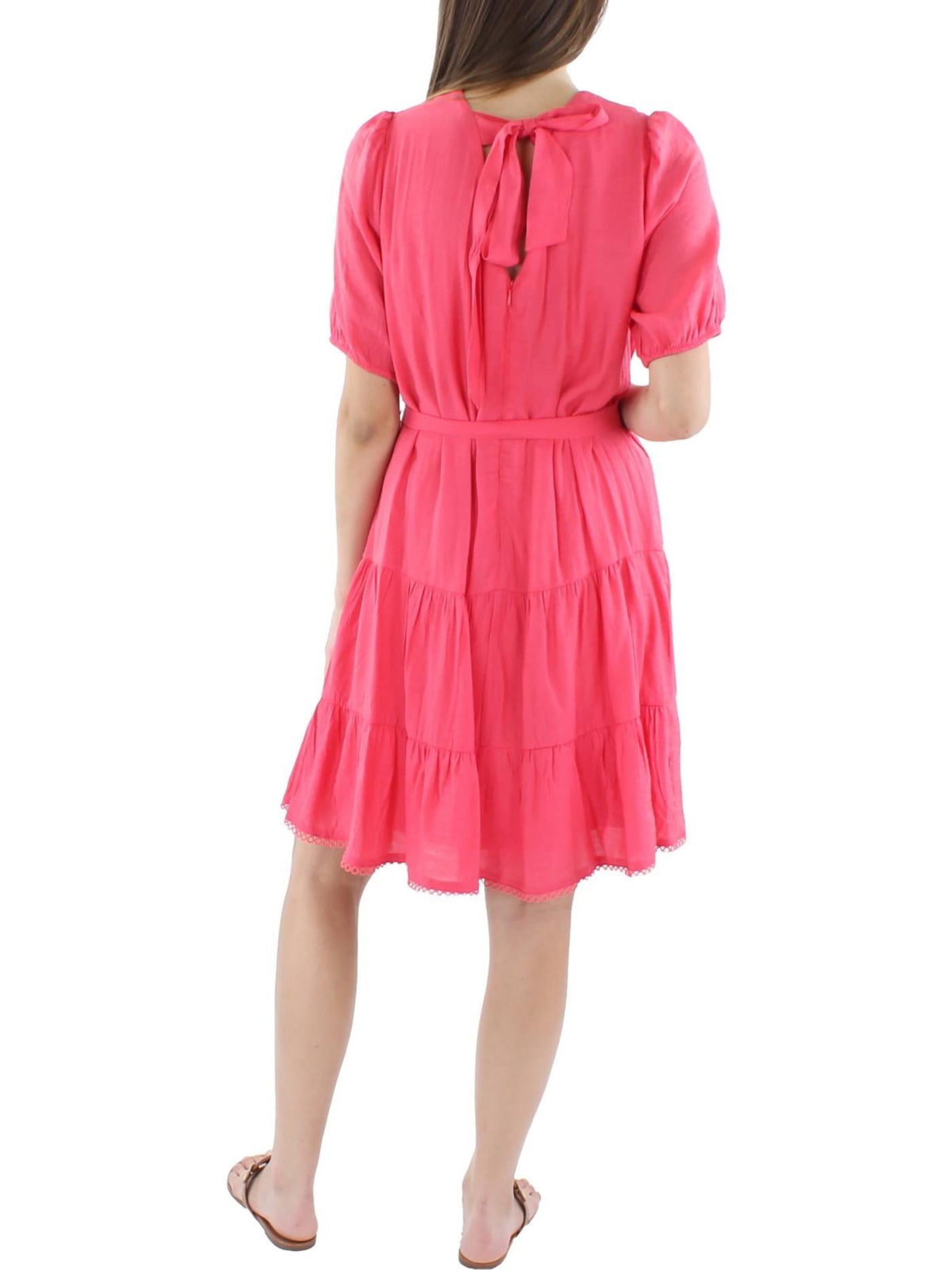 INC DRESSES Womens Pink Zippered Lined Tiered Tie Back And Waist Elbow Sleeve V Neck Above The Knee A-Line Dress S