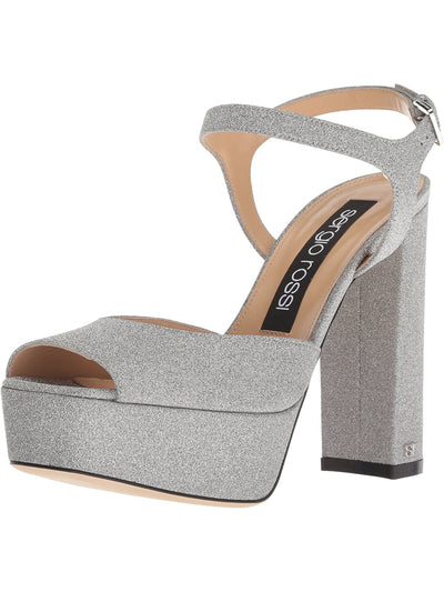 SERGIO ROSSI Womens Shiny Glitter Silver Glitter 1-1/2" Platform Padded Ankle Strap Scarpe Donna Square Toe Block Heel Buckle Dress Sandals Shoes 37.5