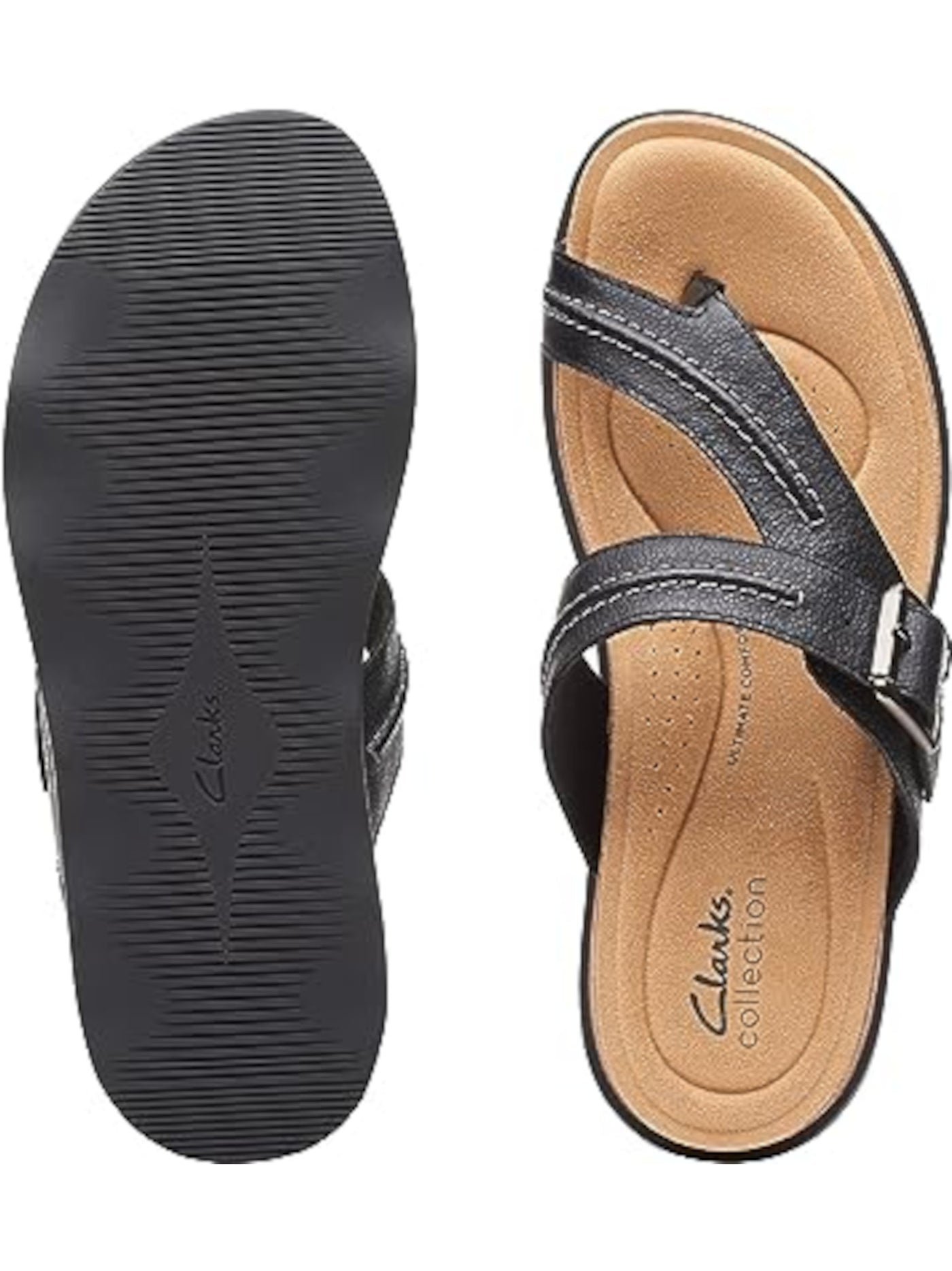 CLARKS Womens Black Buckle Accent Cushioned Brynn Madi Round Toe Wedge Slip On Leather Thong Sandals Shoes 7.5 M
