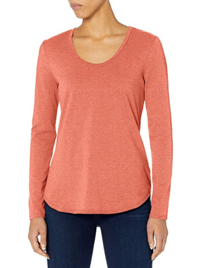 B NEW YORK Womens Orange Stretch Distressed Long Sleeve Scoop Neck T-Shirt S