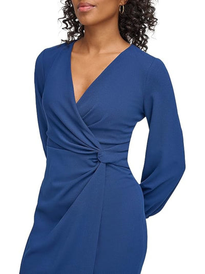 DKNY Womens Blue Zippered Side-knot Long Sleeve Surplice Neckline Above The Knee Wear To Work Faux Wrap Dress 4