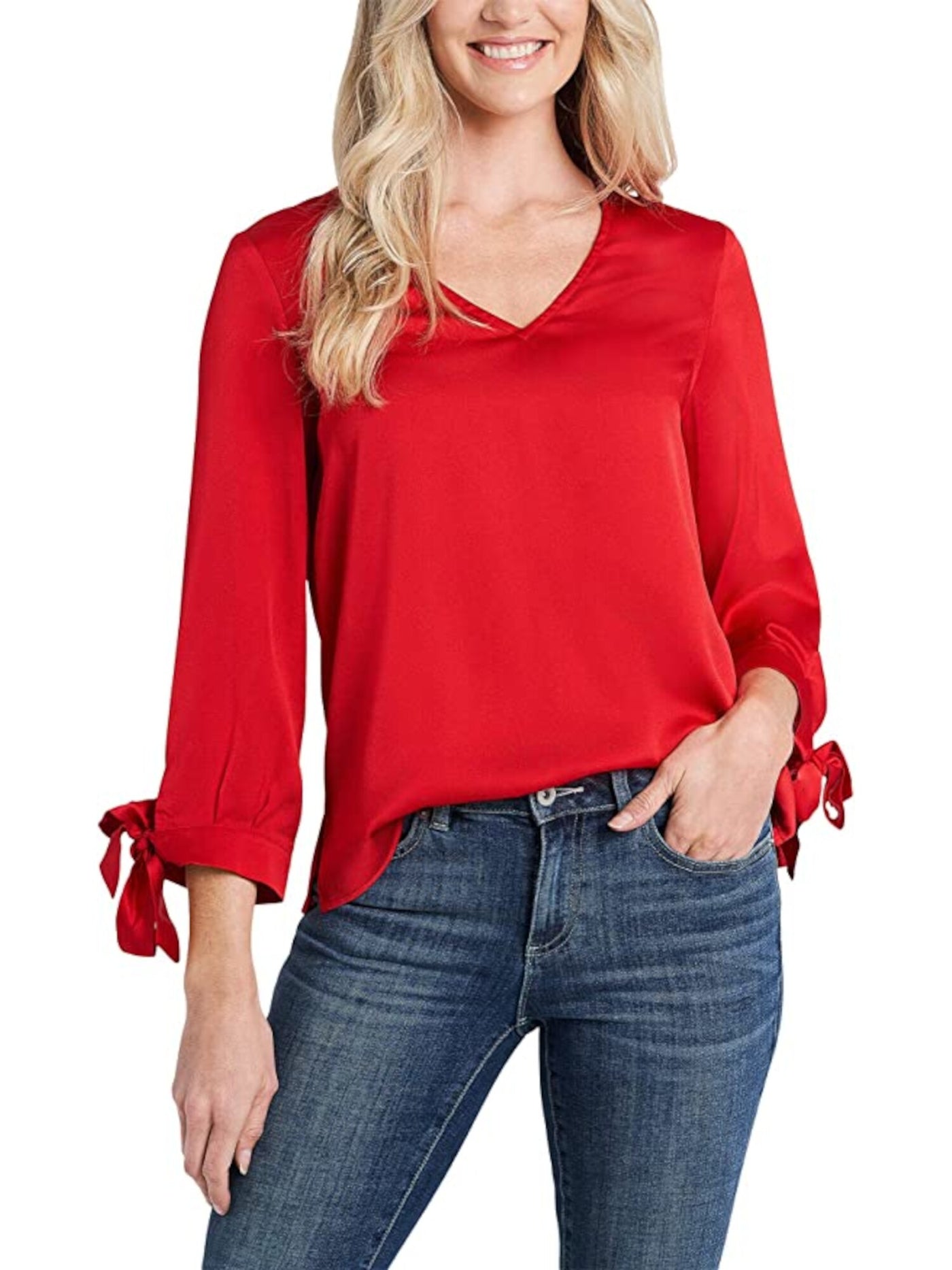 CECE Womens Red 3/4 Sleeve V Neck Blouse XS