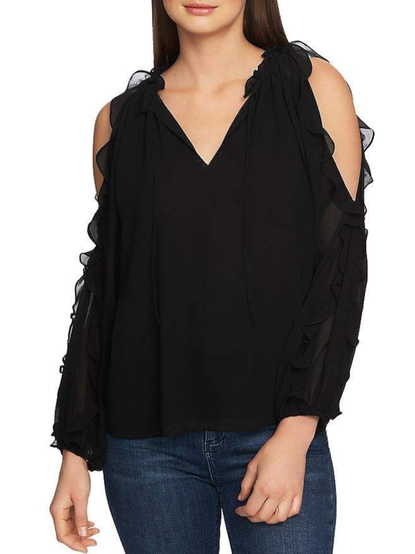 1. STATE Womens Black Cold Shoulder Ruffled Long Sleeve V Neck Blouse Juniors XS