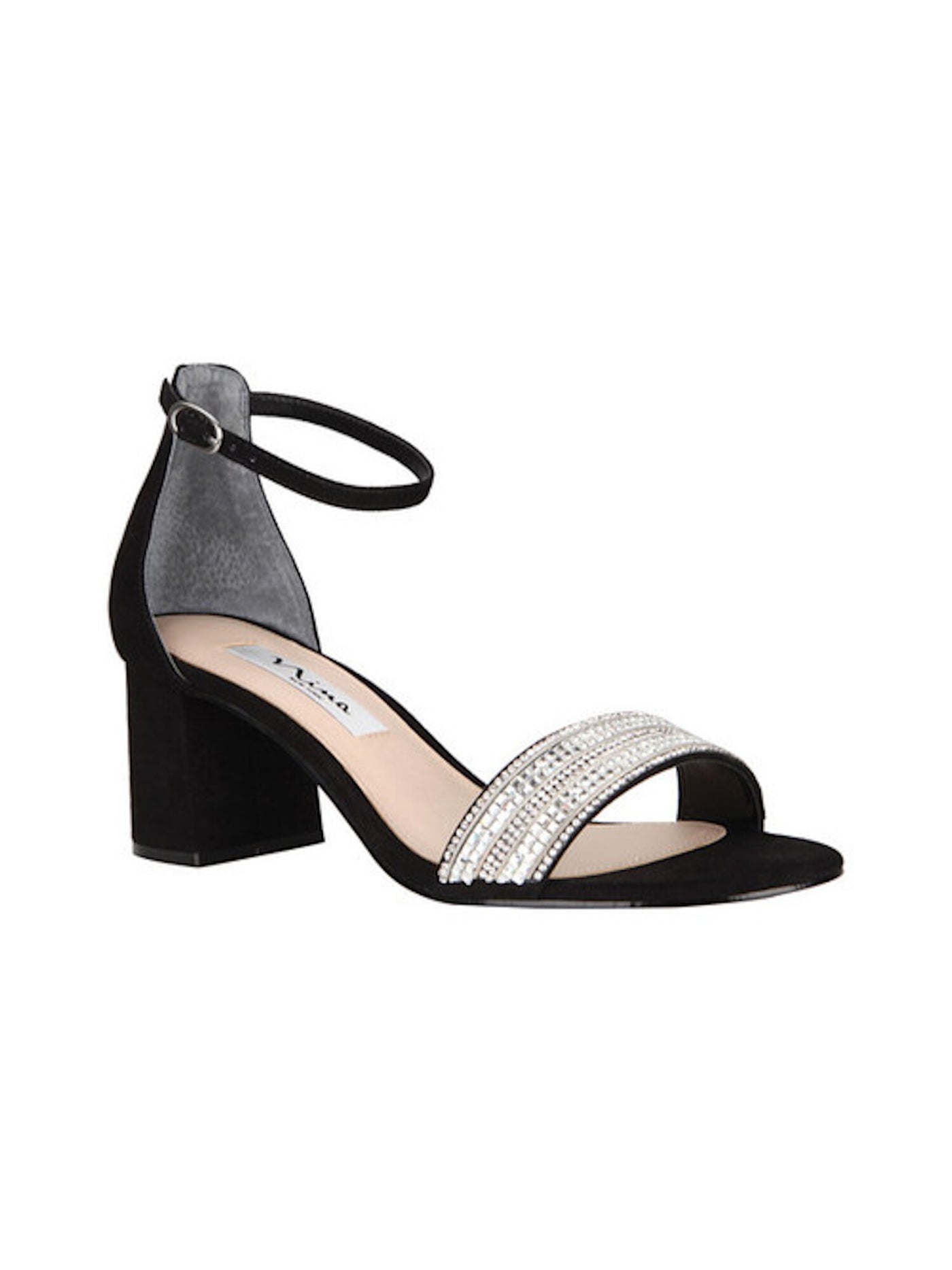 NINA Womens Black Ankle Strap Embellished Elenora Round Toe Block Heel Buckle Dress Sandals Shoes 10 M