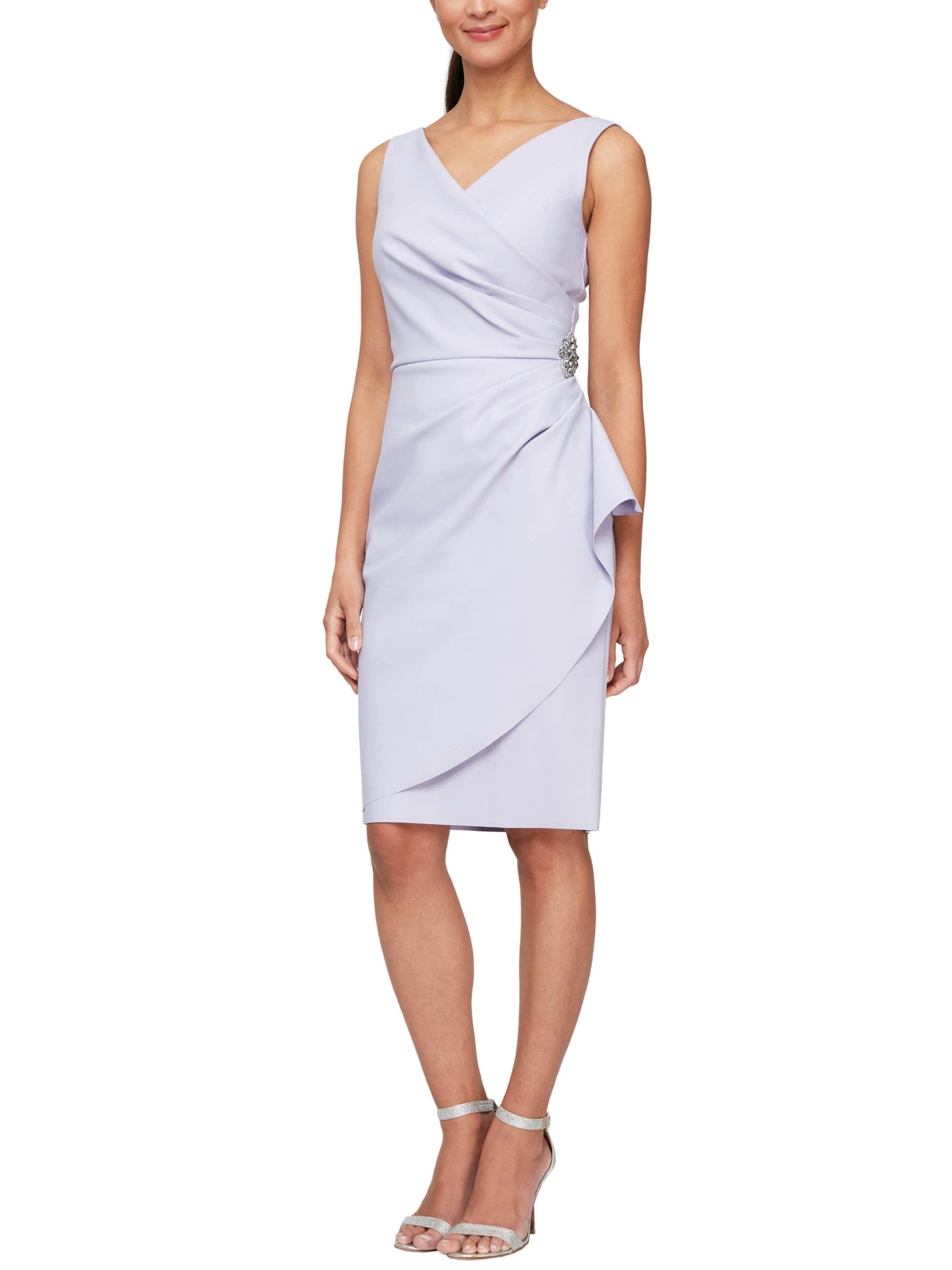ALEX EVENINGS Womens Light Purple Stretch Zippered Embellished Ruched Compression Ruffled Sleeveless Surplice Neckline Knee Length Cocktail Faux Wrap Dress 18