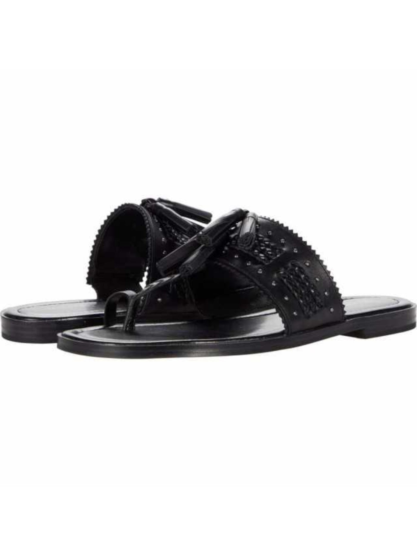 MICHAEL KORS Womens Black Tasseled Studded Braided Padded Stretch Hana Round Toe Block Heel Slip On Leather Thong Sandals Shoes 6.5