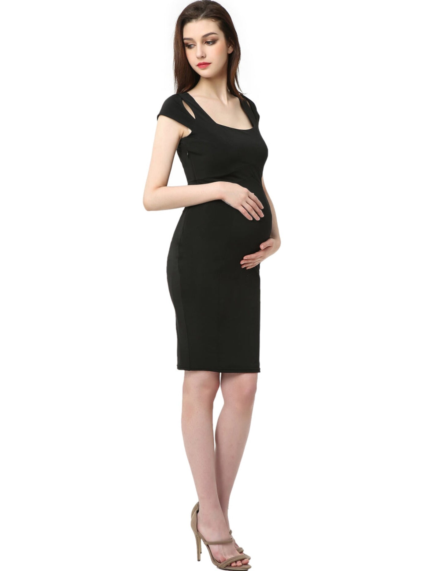 KIMI & KAI Womens Black Stretch Cut Out Zippered Lined Cap Sleeve Square Neck Above The Knee Party Body Con Dress Maternity S