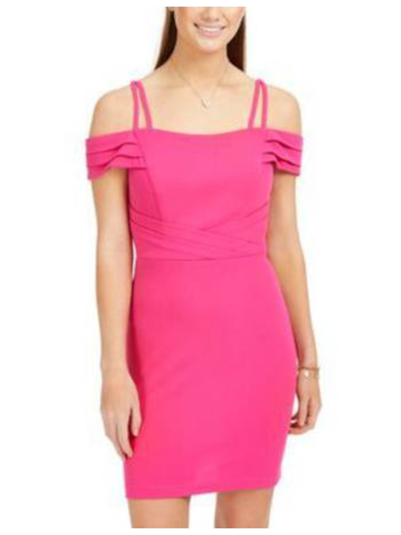 TEEZE ME Womens Pink Cold Shoulder Spaghetti Strap Short Evening Body Con Dress Juniors 5\6