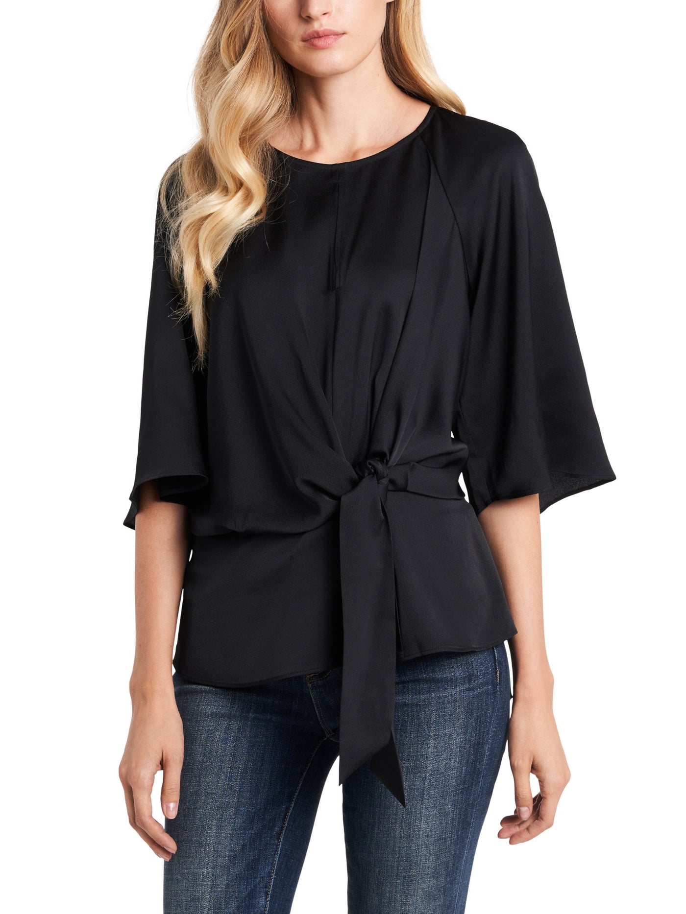 VINCE CAMUTO Womens Black Elbow Sleeve Scoop Neck Top XXS